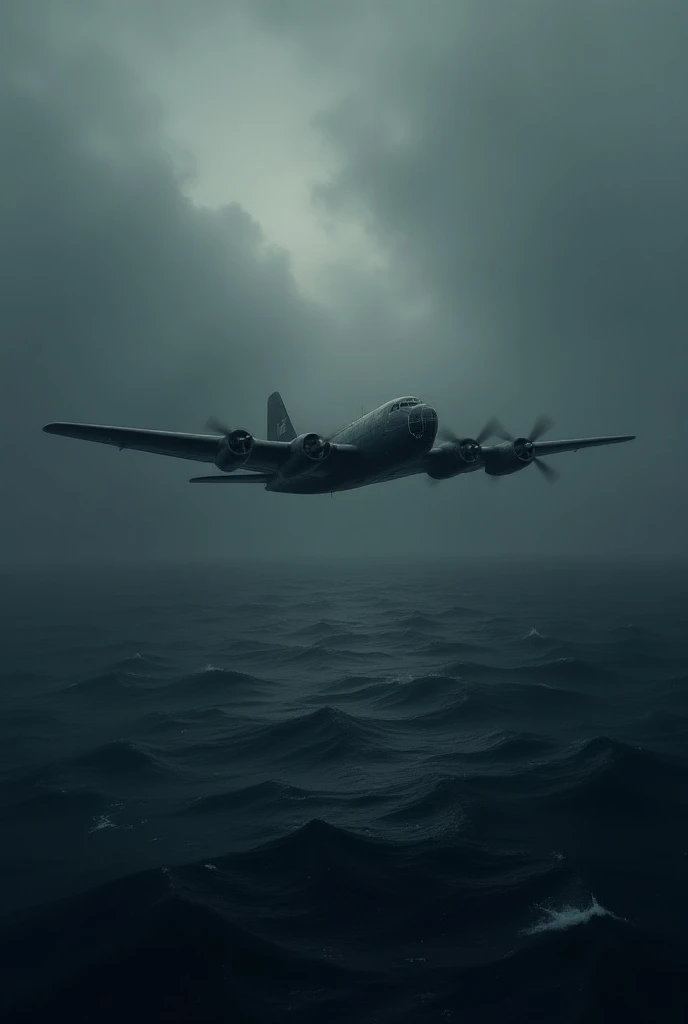 Generate an image of a World War II bomber flying over the ocean on a cloudy day. Make this image dark  