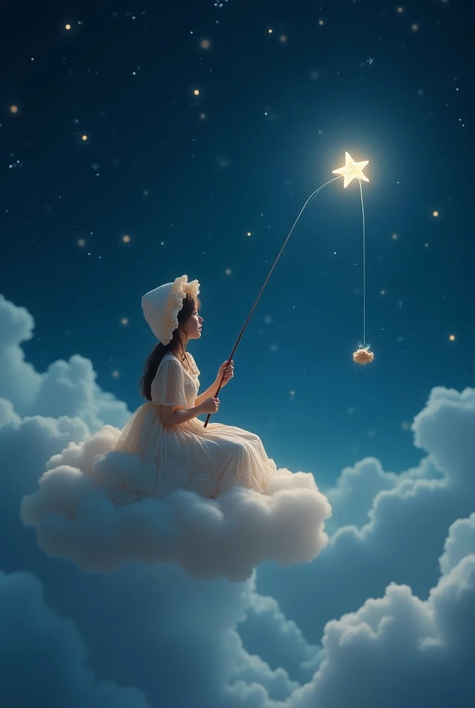 A female star fisher is sitting on a cloud, wearing a cute night gown with matching puffy hair bonnet and night gown, she is fishing for a star, her fishing line is pointed downwards, there is a bait on the hook of the fishing line,it is night and they are...