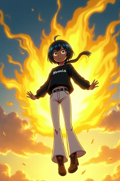  A screenshot of the anime Boku no Hero Academia , A dark skinned girl, short black hair with blue tips ,  Yellow Eyes , vistiendo una sudadera negra,  white flared jeans , brown boots, floating through the sky ,  surrounded by yellow energy surrounded by ...