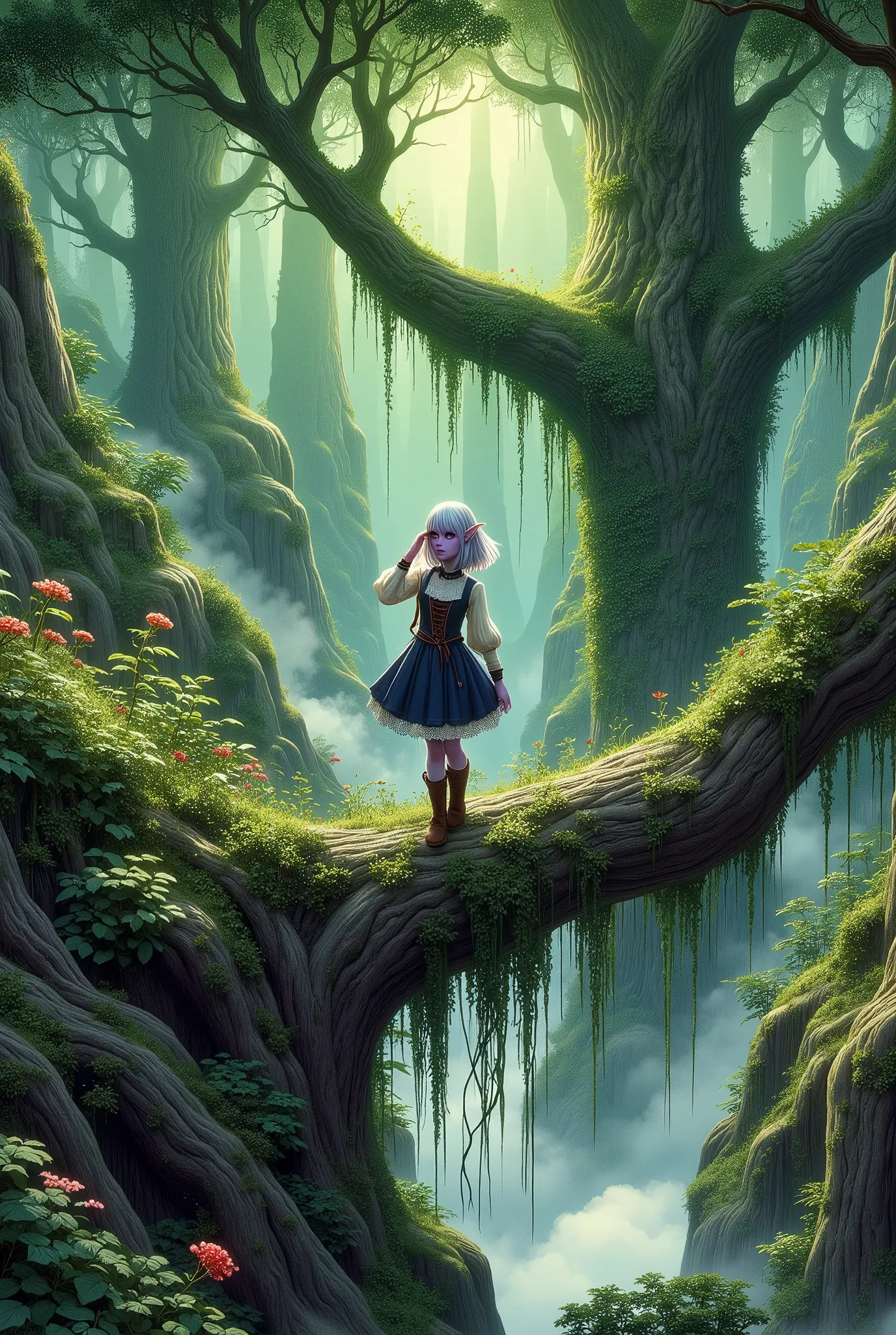 (Ultra-detailed face, Looking away, Fantasy Illustration with Gothic, Rich tone colors.), BREAK 
(A bird's-eye view from above, looking down on the ground. Deep in the green forest, a female dark elf ranger is climbing a huge tree, 200 meters in diameter and covered with moss, using the net-like tangled ivy as a rope, and crossing a large branch that juts out above the clouds. The area is covered in a green haze, glistening green as the sun's rays reflect off the green foliage. The female ranger looks down at the ground far beyond with one hand over her eyes.), BREAK 
(The dark elf woman ranger wears a raw-colored blouse with medieval-style lace ribbons and ruffles, and a dark blue balloon skirt with white lace at the hem. She wears lacy white stockings and soft leather short boots.), BREAK 
(She has glossy silver hair and eyebrows, blunt bangs, waist-length hair that is bunched and braided behind her neck, small pink lips, dark purple skin, lavender eyes, and a young-aged female dark elf ranger with thick, dark eyeliner around her eyes.), BREAK 
(This is an ancient forest that has been here for thousands of years. The atmosphere is sacred and full of green glow of various shades.)