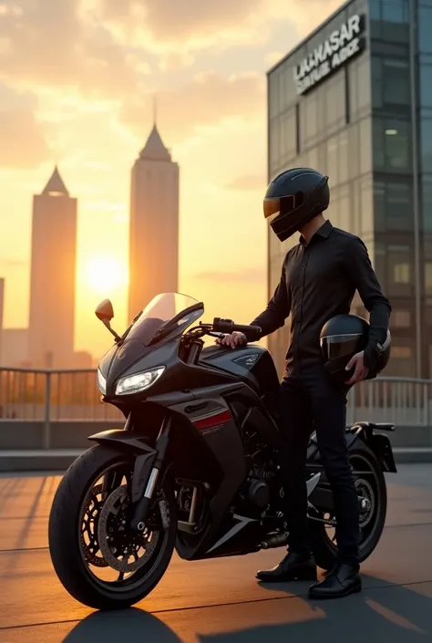 
In the foreground: You’re standing with a helmet in hand, beside a powerful suzuko motorcycle—maybe something sleek and modern, symbolizing your passion for biking. The bike is parked near a lively city street with a few skyscrapers in the distance. Its s...