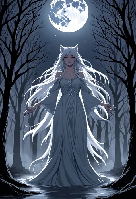 A beautiful woman in an ethereal dress, standing under the full moon in a dark, eerie forest. Her expression shifts between pain and exhilaration as her body morphs: her hands elongate into clawed, furry paws, and her face begins to stretch into a wolf’s s...