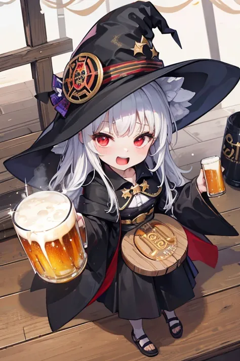 (  highest resolution  ,  clear_image), Best Quality, masterpiece,  very detailed on playground equipment,  anatomically correct、Obey the laws of physics, Bust size is normal, chibi charactor, held one large beer mug, Wearing a black robe all over her body...