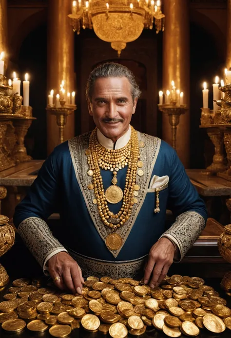 A captivating and cinematic portrait photograph from 1000 BC depicting a man in his opulent palace, surrounded by gold coins and exquisite furnishings. He is dressed in a garment adorned with precious jewels, expressing admiration and gratitude to his two ...