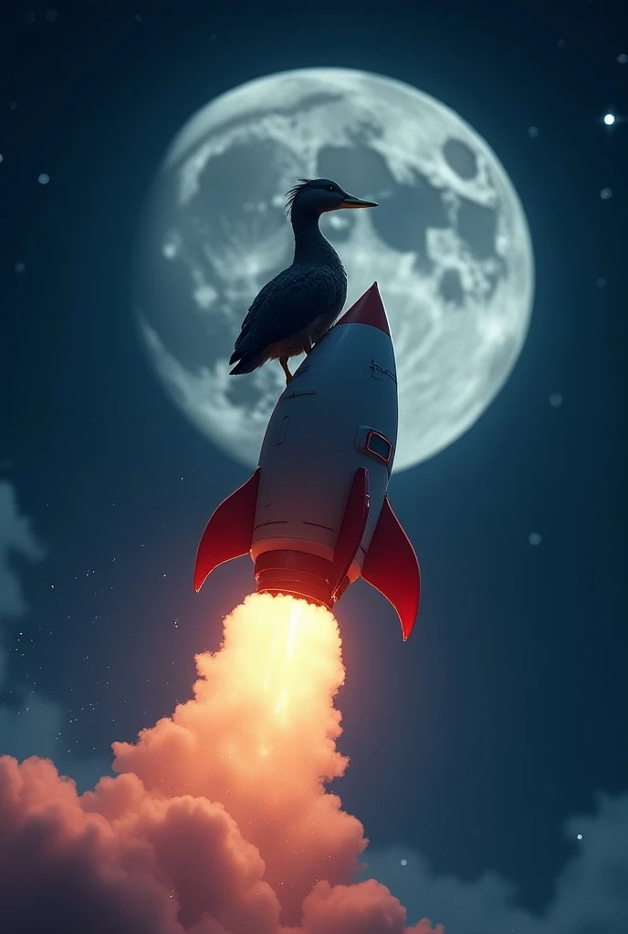 An Watbird sitting on rocket towards to the moon. Looks realistic with neon lights. 8k ultra hd. 