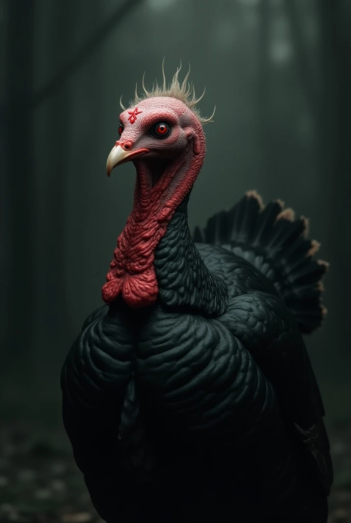 A turkey with a human face ,  red eyes and a red PT star on its forehead