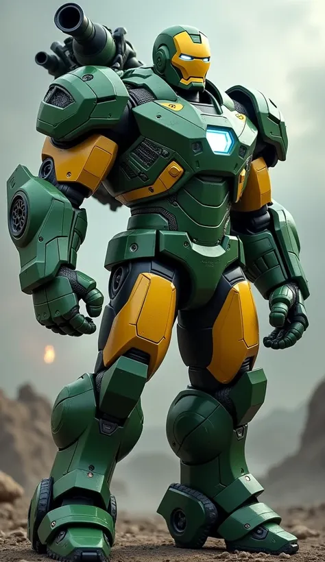 Iron man in green and yellow hulk buster armor in war position with cannon on his back