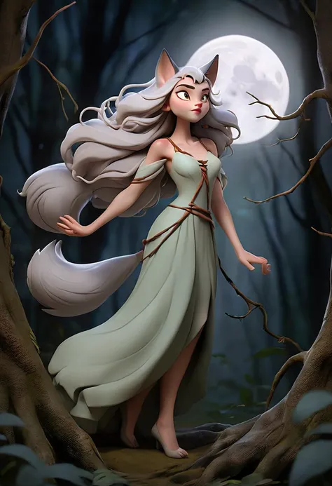 A beautiful woman in an ethereal dress, standing under the full moon in a dark, eerie forest. Her expression shifts between pain and exhilaration as her body morphs: her hands elongate into clawed, furry paws, and her face begins to stretch into a wolf’s s...