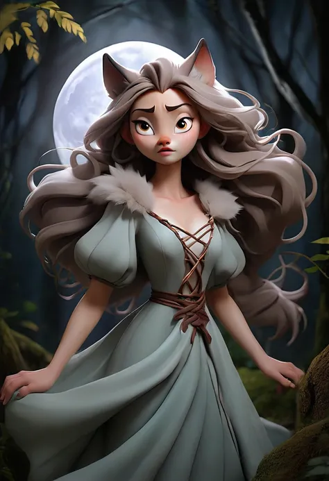 A beautiful woman in an ethereal dress, standing under the full moon in a dark, eerie forest. Her expression shifts between pain and exhilaration as her body morphs: her hands elongate into clawed, furry paws, and her face begins to stretch into a wolf’s s...