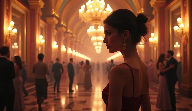   A scene of a celebration in the royal palace hall , with a woman in the background ,  discreetly watching the guests The room is luxurious ,  with detailed and vibrant decoration ,  conveying the contrast between the joy of the celebration and the intern...