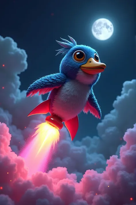 An Watbird meme coin sitting on rocket towards to the moon. Looks realistic with neon lights. 8k ultra hd. 