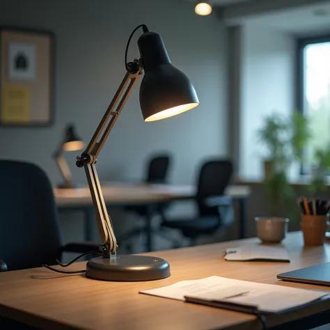 A lamp working in an office with metal arms