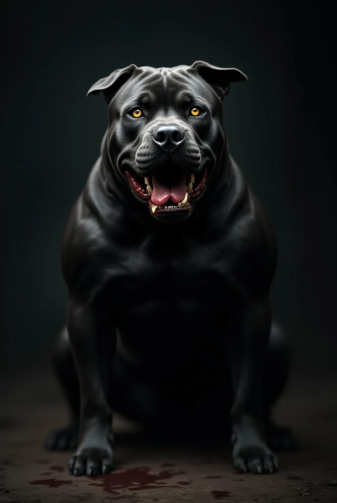 Black pitbull dog with ,  muscles, bright yellow eyes and a bloody mouth 