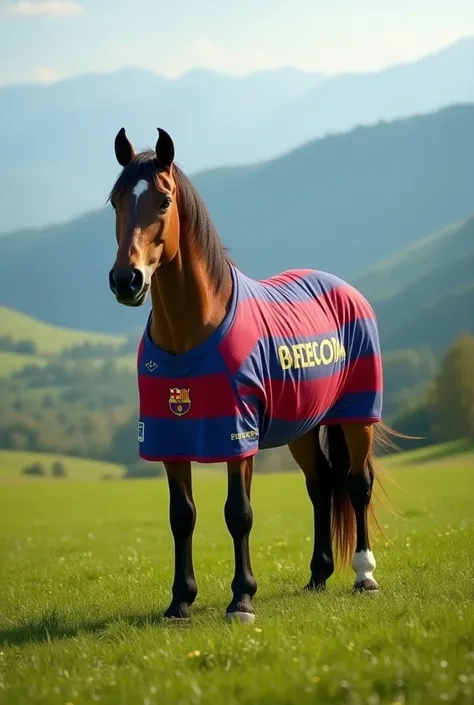 A horse wearing a FC Barcelona shirt 