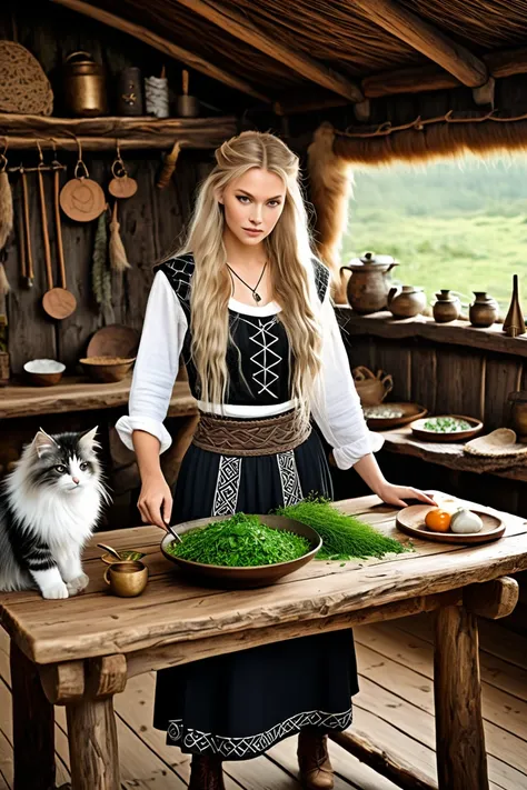 goddess freya.  beautifully with long blond hair partly braided .  she stands at a table and mixes herbs together in a mystical ...