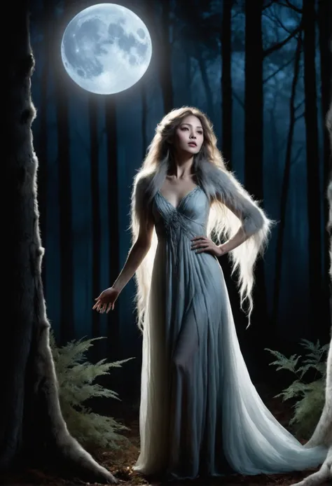 A beautiful woman in an ethereal dress, standing under the full moon in a dark, eerie forest. Her expression shifts between pain and exhilaration as her body morphs: her hands elongate into clawed, furry paws, and her face begins to stretch into a wolf’s s...