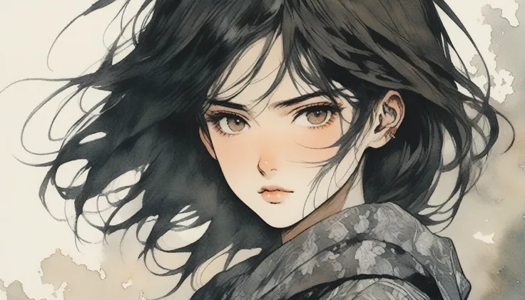 A manga-style illustration of a young woman with a unique, alternative look. She has short, layered, dark brown hair with a slightly messy and textured appearance, reaching her neck, and a choppy fringe covering part of her forehead. Her eyebrows are thick...