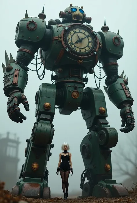 A towering gothic-steampunk mecha rises, displaying its massive size in contrast to Katrina Kalavera, who stands next to it. Designed with a dark and detailed aesthetic, the mecha has a sturdy frame adorned with exposed gears, copper pipes, and wrought iro...