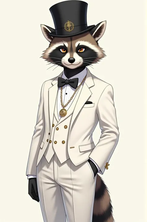 A anime man mixture of raccoon wearing white three piece suit and a magician cap