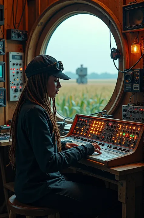 Cyberpunk scene un a Wooden cabin with a cyberpunk electronic goth woman with dreads and a black aviator hat and rounded gogles playing a Big eurorack synth with a Lot of modules, oscilloscopes, knobs and wires.  Theremin si a rounded Window with a landsca...