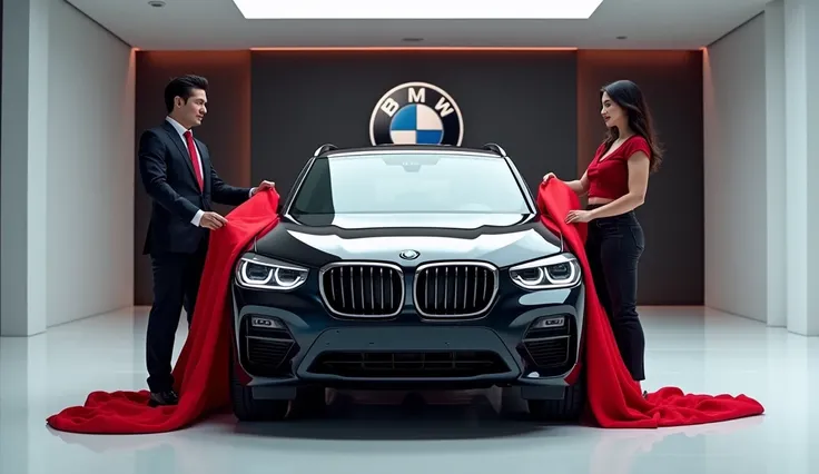 captivating image of a [ BMW iX3 emblem Tail  ]taking a center stage in a luxurious white showroom.The futuristic, vibrant ( black )exterior gleams , showcasing its sleek aerodynamic design and bold accents ,the words  BMW   ) a man and woman uneiling the ...