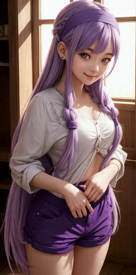 girl, smile, long hair, light purple hair, knot Headband, short pants, Inside the wooden house, looking at viewer, fantastic