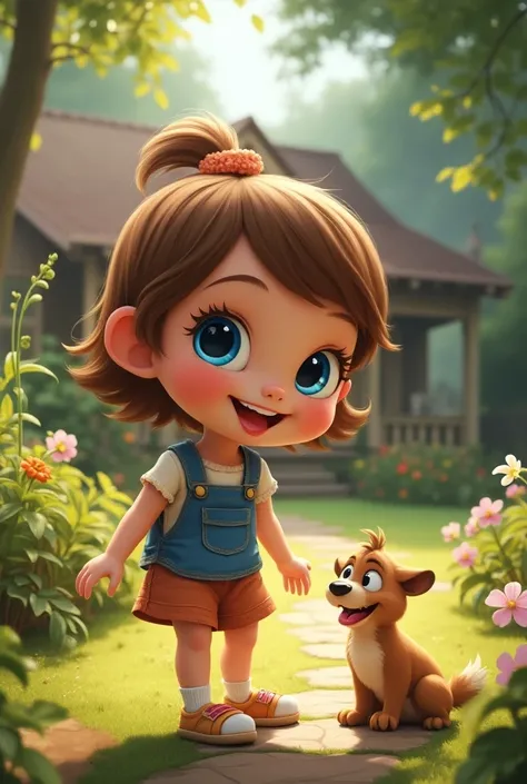 Create Disney-style image of a cutie with blue eyes showing her tongue in the backyard of the house with a little friend laughing a lot.