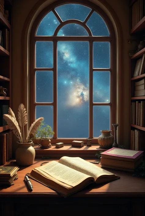 (photorealism:1.2), the room of historical things having books rack and pens and study material and room having window and behind the window have a scene of galaxies stars the room waals color is brown