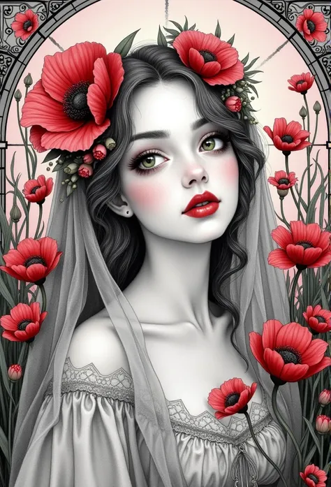 Black and white line engraving, a beautiful woman, light green eyes, red mouth, with a floral tulle veil, and flowers in her hair is surrounded by tall red flowers and greenery, with stained glass background, fantasy art, a detailed decoupage drawing , bla...