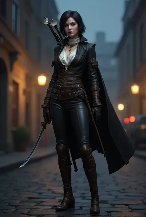 A full body of a RPG character in 3d style: (full body:1.5), (woman:1.5) young, persuasive, carismatic, half elf, white skin, short hair, black hair, brown eyes, leather clothes, boots, daggers, bow, night city background, 3d, fantasy, medieval fantasy