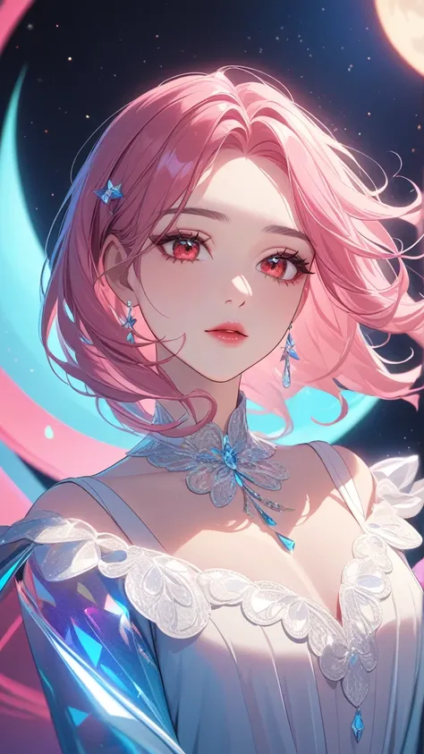 masterpiece,  best quality :1.3,  1girl, moon dress,  giant girl  , floating,space ,moon , holding moon ,  detailed face,  Red eyes, beautiful lips,  drawn in detail ,   long lashes , delicate facial features,   expressive face  ,  detailed skin texture , ...