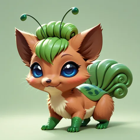 score_9, score_8_up, score_7_up, score_6_up, score_5_up, no humans, rating_safe, Vulpix covered in a green exoskeleton with caterpillar legs tipped with fuchsia colored claws long green antennae and blue eyes
