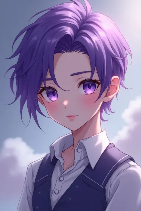 Anime boy that it is a beetroot with slightly pink skin, purple hair and purple eyes and elegant 