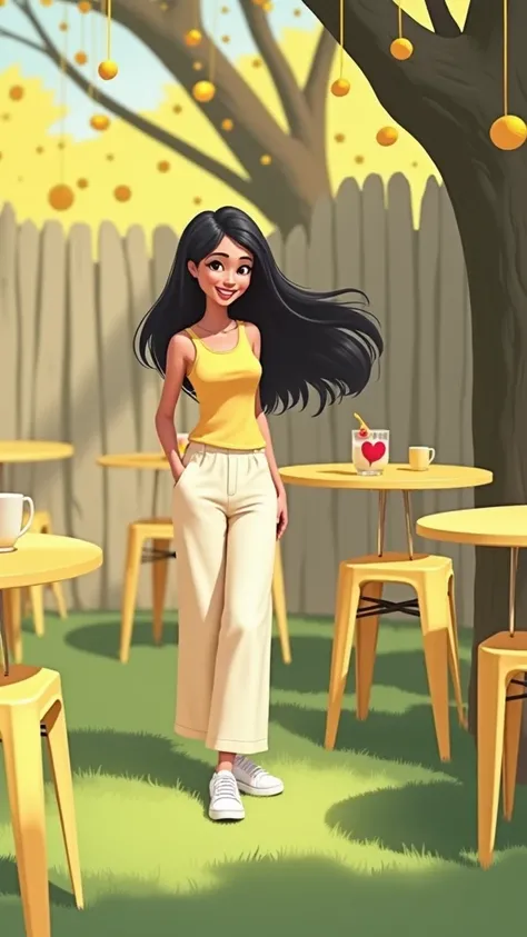 Woman 30 years, long straight black hair, wearing baby yellow vest with matching baby yellow floor length trousers with sneakers at garden with yellow round metal bar tables and chairs party with yellow disks hanging from trees. 

Pixar cartoon