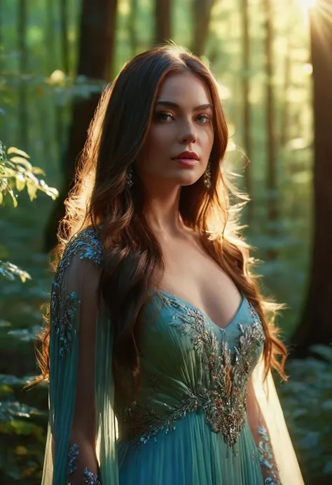 a beautiful woman with long hair, detailed face, piercing eyes, full lips, flowing dress, standing in a magical forest, sunlight filtering through the trees, vibrant colors, cinematic lighting, dreamlike atmosphere, (best quality,4k,8k,highres,masterpiece:...