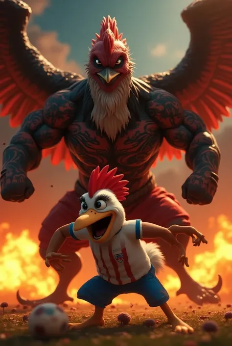 


---

Prompt: " Create an animated video with a dramatic and provocative scene between the mascots of Flamengo and Atlético Mineiro .  Flamengos vulture is shown as a muscular fighter ,  with strong wings and covered in tattoos ,  walking with confidence...