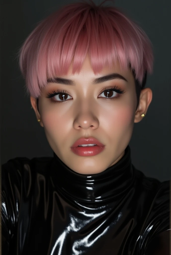  Create a new woman based on this image , She is 20 years old,  she has a Hispanic origin and also a Chinese origin , she is beautiful, natural,  she has a short, square haircut with a thick pastel pink fringe,  She has well-designed eyebrows , a bit thick...