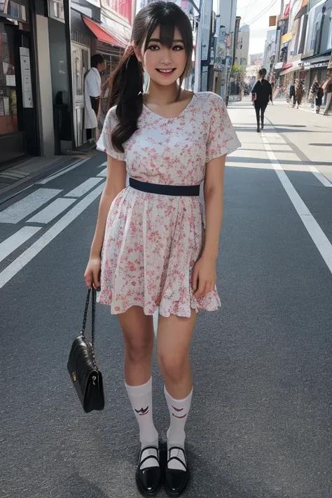 1japanese girl, cute dress, socks, flats, lower ponytail, bang, black hair, hand bag, smile, standing, in street of harajuku, BREAK, (full body shot:1.2), BREAK, (masterpiece, best quality:1.4), (8k, raw photo, photorealistic:1.2), ultra high res, detailed...