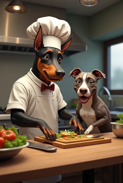 A Doberman cook ,  and his assistant
Cook a pitbul