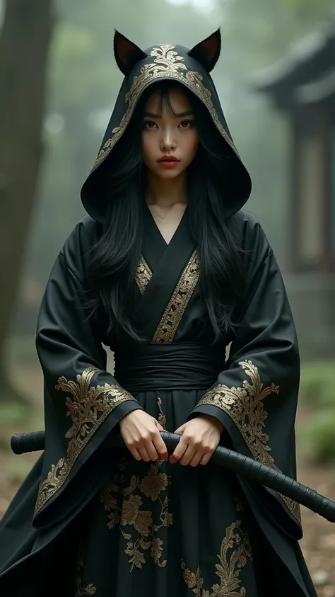 Ninja girl in a black hooded dress with gold floral patterns, girl in black pants , black robe with gold patterns on top,  long wavy hair with open forehead, girl with long flowing black hair in a hood, open forehead , chest closed,  amber eyes, slim, beau...