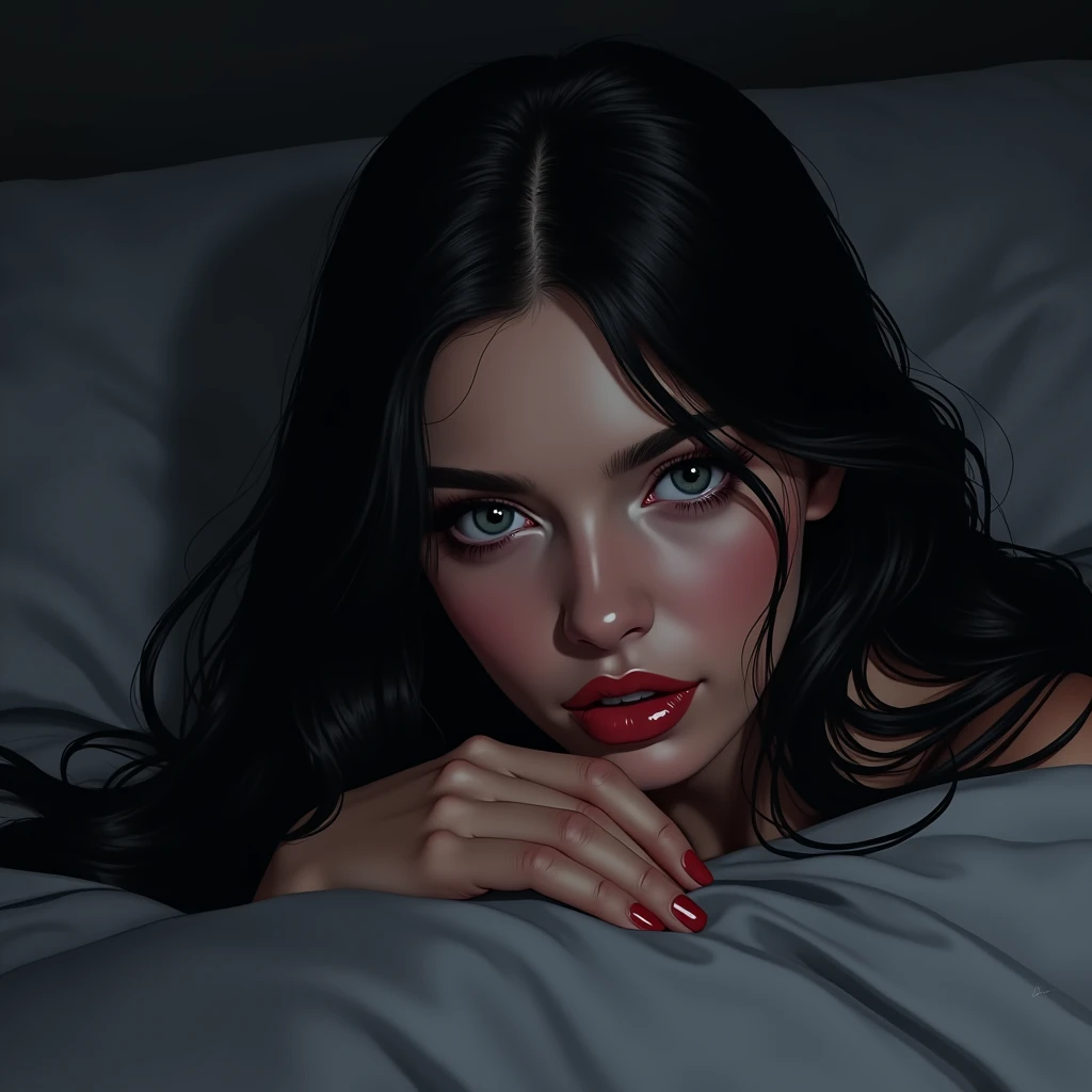  realistic illustrated image    , rostro mujer joven beautiful, super long jet black hair ironed with some waves ,    intense sapphire blue eyes    , upturned nose, white tea,  beautiful and perfect face, porcelain skin,     full red lips with lip gloss   ...