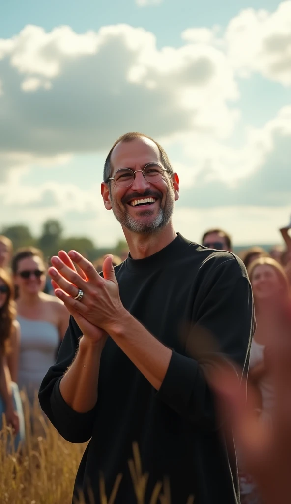  A realistic photograph of Steve Jobs standing in a crowd ,  expression of happiness,  and hes clapping as if he were looking at something and happy, The environment is a sunny field with clouds.  The surrounding crowd is lively ,   soft lighting ,  detail...