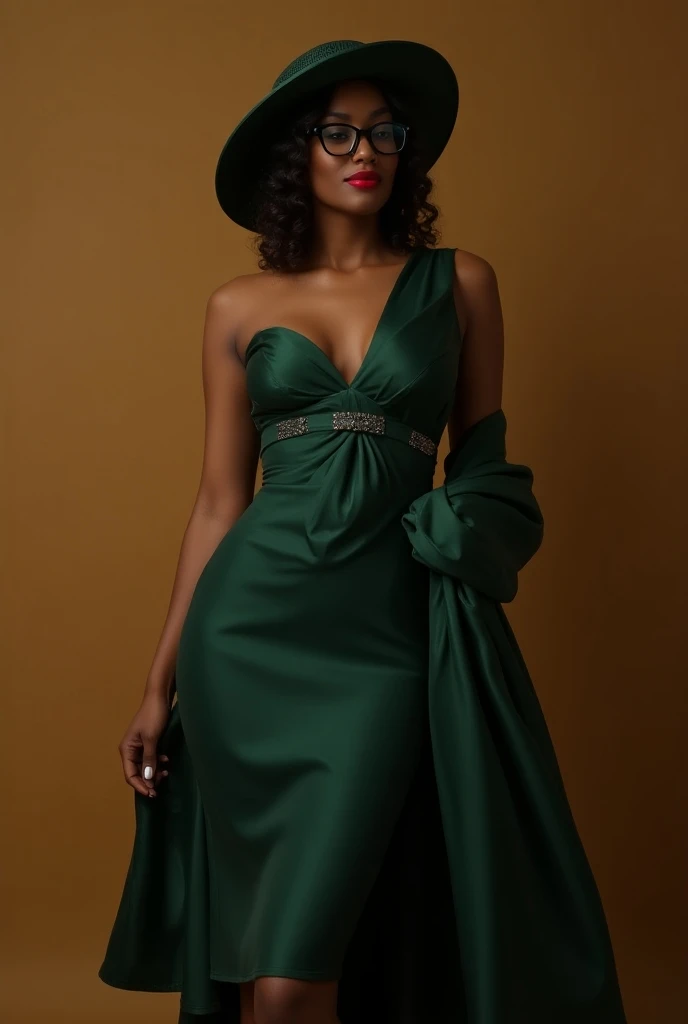 Heres the refined prompt with the addition of glasses:

> "Create an image of a dark-skinned woman in her early 30s with a pear-shaped body, dressed in luxurious, high-fashion attire. She wears a knee-length dress made from deep green satin combined with s...