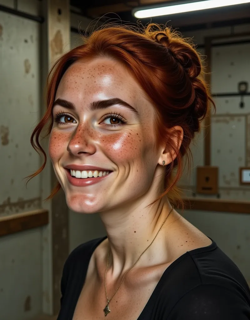 photorealistic, cinematic style, facial close-up picture of a beautiful british woman in an industrial background. (smile). she ...