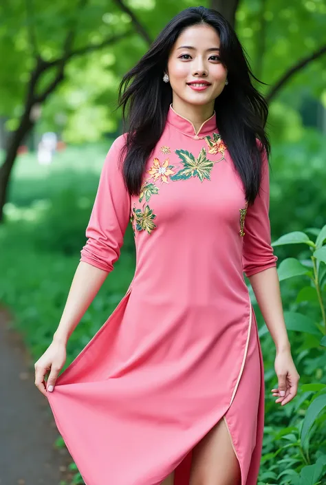 A full-body real photo of an attractive japanese mature woman in natural light. She is a mature milf actress, 45 years old mature milf. She is standing in a city park in Vietnam, wearing a long white ((Ao Dai)). her body is curvy. She is posing sexily. Her...