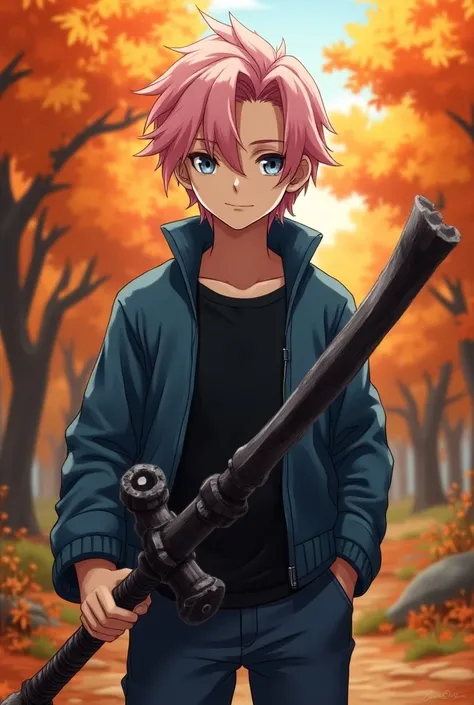 (anime) , a young man with pastel pink hair that reaches up to his neck..  He has silver eyes and wears a blue jacket with a black shirt underneath in addition to pants. He is in an orange forest and he carries with him a fairly large black sword that is m...