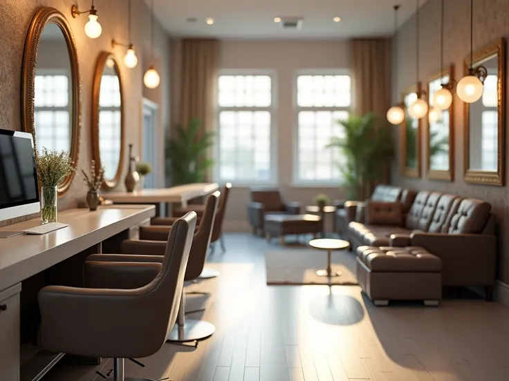  create an image of a beauty salon with the hairdresser in the background without people and in front of the reception with the computer, But lets see in the background the living room with the chairs and mirrors 