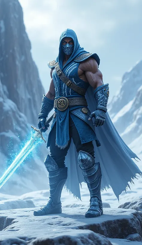 Mortal Kombate ,  subzero character with an ice sword in an icy setting filled with ice 