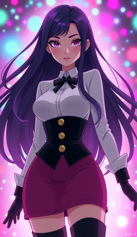 Zatanna from DC Super Hero Girls 2019, long purple hair, straight purple hair, sparkly purple hair, magical purple hair (Dark purple), Zatanna is a beautiful teenage girl with fair skin and a distinctive hourglass figure, thick light indigo hair that reach...