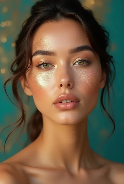  makeup highlighter skin test , with 6 different shades ,  on an Ultra-detailed teal and gold background, realistic, photorealistic Cinematic, photorealistic, Realism, By Sasan